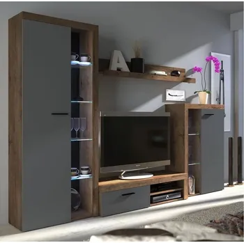 Obývací stěna Moderní obývací stěna s LED osvětlením THISE - dub lefkas / grafitová