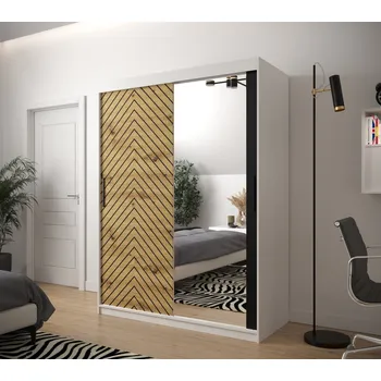 Šatní skříň Skříň s grafikou a zrcadlem JANETTE 3 - šířka 150 cm, bílá / dub artisan