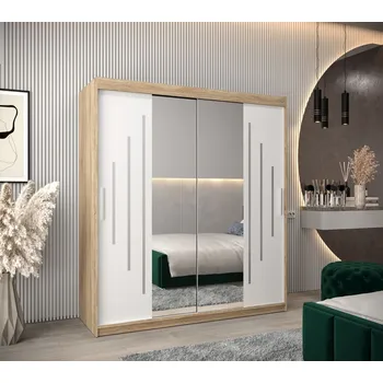 Šatní skříň Šatní skříň se zrcadlem EWELINA - šířka 180 cm, dub sonoma / bílá