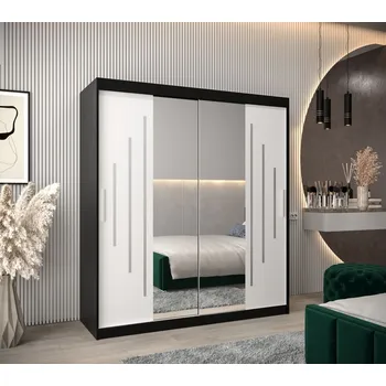 Šatní skříň Šatní skříň se zrcadlem EWELINA - šířka 180 cm, černá / bílá