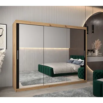 Šatní skříň Skříň s posuvnými dveřmi v šířce 250 cm TIMEA 3 - dub artisan / černá