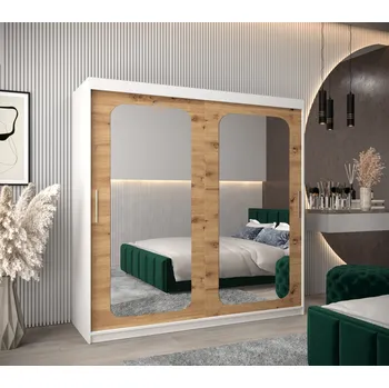 Šatní skříň Zrcadlová skříň DONICELA 2 - 200 cm, bílá / artisan