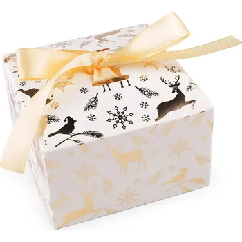 Dárková krabička Vánoční dárková krabička se zlatým potiskem a stuhou, střední, 3 bílá jelen