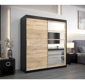 Šatní skříň Skříň s posuvnými dveřmi MICHALELA - šířka 180 cm, černá / dub sonoma