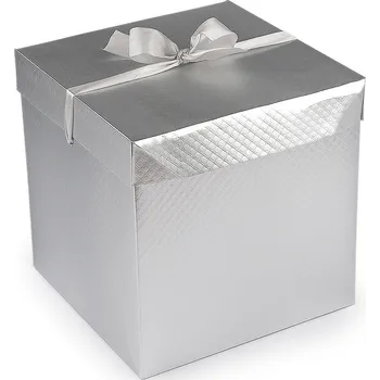 Dárková krabice s mašlí metalická, střední, 1 stříbrná