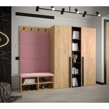 Předsíňová stěna Velká stěna do předsíně s čalouněnými panely HARRISON - dub zlatý, růžové panely