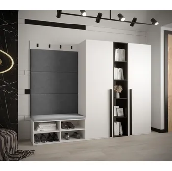 Předsíňová stěna Velká stěna do předsíně s čalouněnými panely HARRISON - bílá, šedé panely