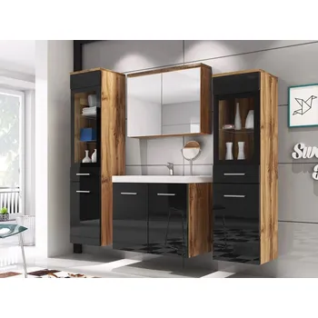 Koupelnový nábytek Koupelnová sestava YUKO 2 - dub wotan / lesklá černá + umyvadlo ZDARMA