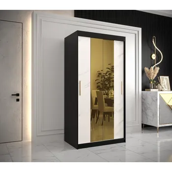 Šatní skříň Designová šatní skříň se zlatým zrcadlem MADLA 1 - šířka 100 cm, černá / bílá