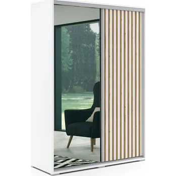 Šatní skříň Prostorná šatní skříň 200 MANON se zrcadlem - bílá / dub craft zlatý