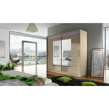Šatní skříň Šatní skříň 180 cm se zrcadlem a LED osvětlením FLORENCIO 7 - dub sonoma