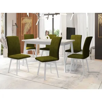 Jídelní stůl Moderní jídelní sestava 6+1 ADELBITE 10 - bílá / bílá / tmavá olivová