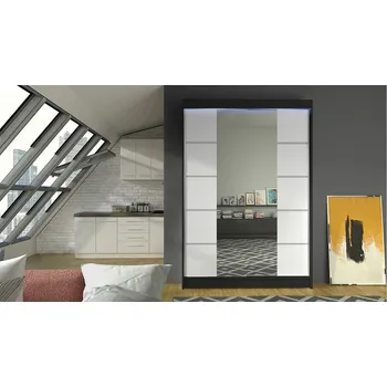 Šatní skříň Posuvná šatní skříň 120 cm se zrcadlem a LED RGB osvětlením SAMANRE 5 - černá / bílá