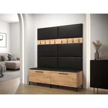 Předsíňová stěna Stěna do předsíně s čalouněnými panely ANDORA 2 - dub zlatý / černá ekokůže