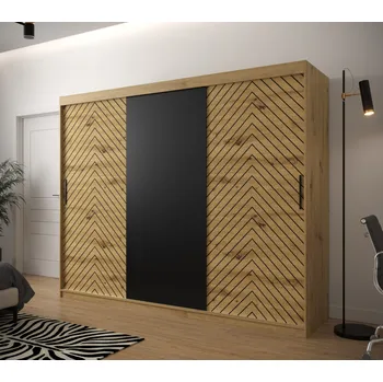 Šatní skříň Šatní skříň s grafikou JANETTE 1 - šířka 250 cm, dub artisan / černá
