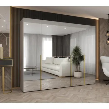 Šatní skříň Zrcadlová šatní skříň 250 cm BUGRA - kašmírová / zlatá