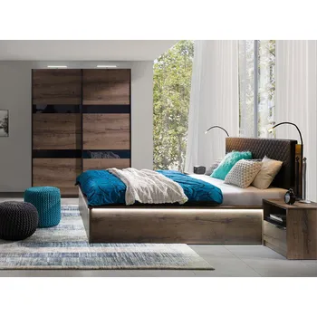 Ložnicová sestava Ložnicová sestava s LED osvětlením a postelí 160x200 PEORIA 3 - dub monastery / lesklá černá