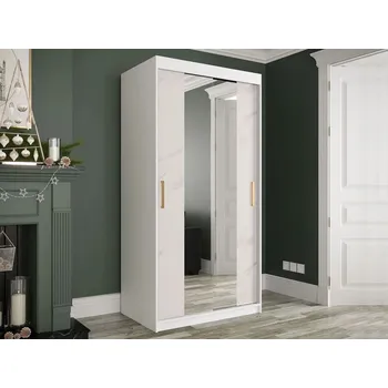 Šatní skříň Úzká šatní skříň 100 cm se zrcadlem a šuplíky CARSON 3 - bílý mramor / bílá / zlatá
