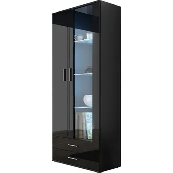 Policová skříň Vysoká vitrína s LED bílým osvětlením KARA - černá / lesklá černá