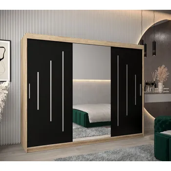 Šatní skříň Šatní skříň se zrcadlem ANNA - šířka 250 cm, dub sonoma / černá