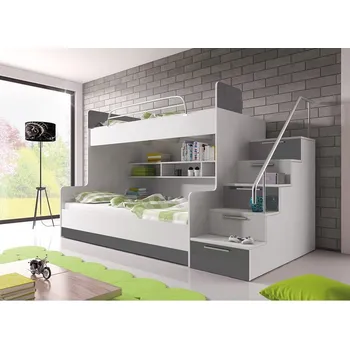 Dětská postel Dětská patrová postel s matrací a roštem 90x200 GORT - bílá / lesklá bílá / šedá, pravé provedení