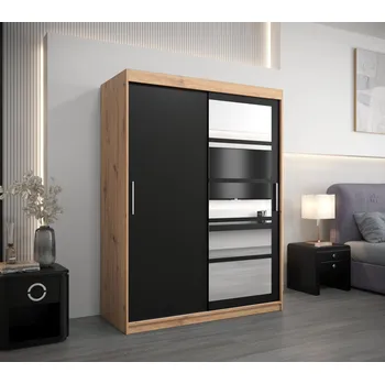 Šatní skříň Šatní skříň se zrcadly KLEOPATRA - šířka 150 cm, dub artisan / černá