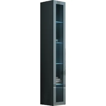 Policová skříň Vysoká závěsná vitrína s LED modrým osvětlením ASHTON - šedá / lesklá šedá