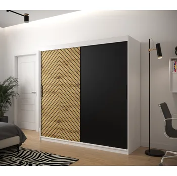 Šatní skříň Šatní skříň s grafikou JANETTE 1 - šířka 200 cm, bílá / dub artisan / černá