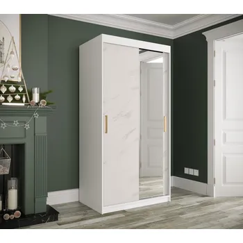 Šatní skříň Zrcadlová skříň s posuvnými dveřmi MAREILLE 3 - šířka 100 cm, bílá / bílý mramor