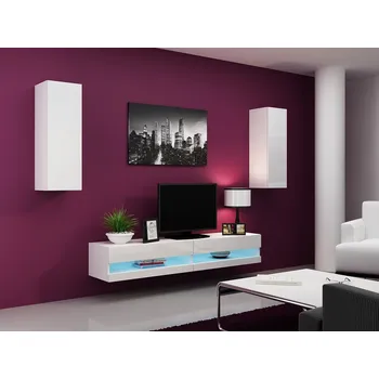 Obývací stěna Stěna do obývacího pokoje s LED modrým osvětlením ASHTON N10 - bílá / lesklá bílá