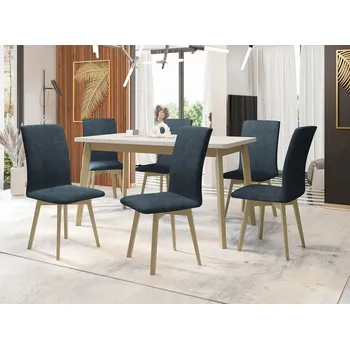 Jídelní stůl Moderní jídelní sestava 6+1 ADELBITE 10 - bílá / dub sonoma / modrá
