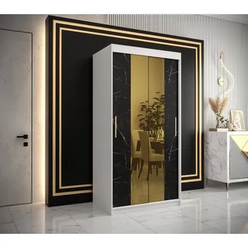 Šatní skříň Designová šatní skříň se zlatým zrcadlem MADLA 1 - šířka 100 cm, bílá / černá