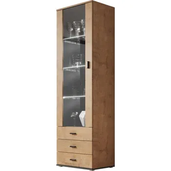 Policová skříň Prosklená skříň s LED RGB osvětlením KARA - dub lefkas / černá