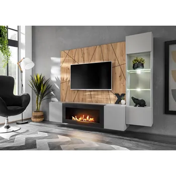 Obývací stěna Obýváková stěna SHIRIKI s biokrbem - perlově šedá / dub artisan / černá