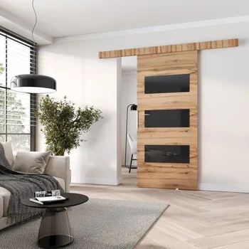 Interiérové dveře Posuvné dveře na stěnu BARRET 5 - 96 cm, dub wotan / černé