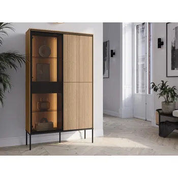 Komoda Vysoká prosklená komoda s dvířky a šuplíkem ANACORTES - dub + LED osvětlení ZDARMA