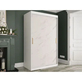 Šatní skříň Moderní úzká šatní skříň 120 cm CARSON 2 - bílý mramor / bílá / zlatá