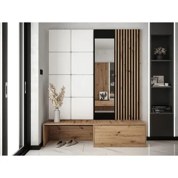 Předsíňová stěna Předsíňová stěna se zrcadlem BRUTTO - dub artisan / černá / bílá ekokůže