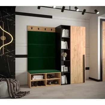 Předsíňová stěna Předsíňová sestava s čalouněnými panely HARRISON - dub zlatý, zelené panely