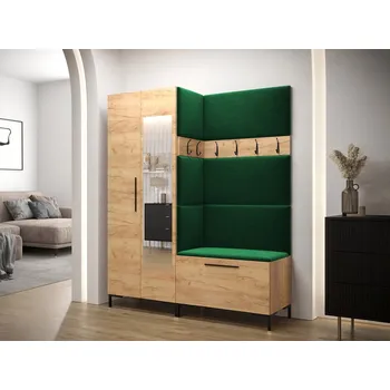 Předsíňová stěna Předsíňová stěna s botníkem a čalouněnými panely ANDORA 5 - dub zlatý / zelená