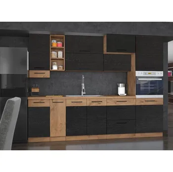 Kuchyňská pracovní deska Kuchyňská linka 270/270 cm ZHILAN 3 - dub lancelot / tmavé dřevo + dřez a LED osvětlení ZDARMA