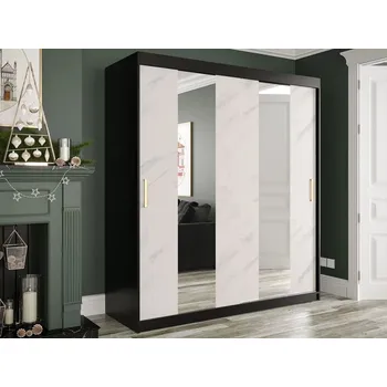 Šatní skříň Šatní skříň 180 cm se zrcadlem CARSON 4 - bílý mramor / černá / zlatá