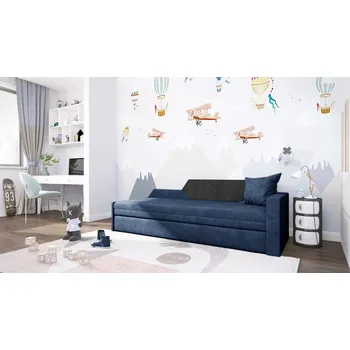 Pohovka Rozkládací pohovka s úložným prostorem BUFFY - tmavě modrá / černá, pravá opěrka