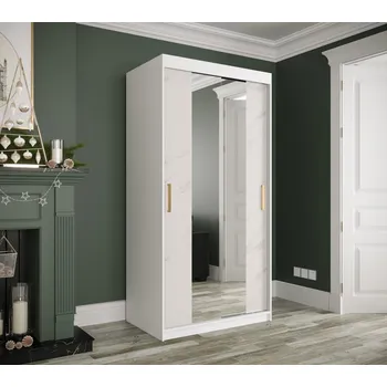 Šatní skříň Zrcadlová skříň s posuvnými dveřmi MAREILLE 2 - šířka 100 cm, bílá / bílý mramor