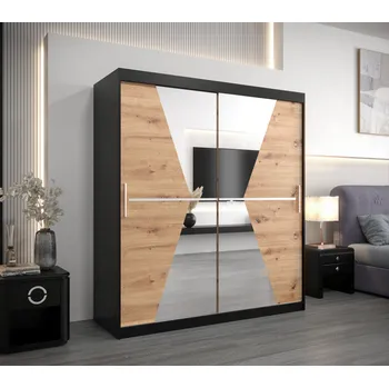 Šatní skříň Skříň s posuvnými dveřmi MILANA - šířka 180 cm, černá / dub artisan