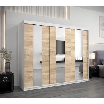 Šatní skříň Skříň s posuvnými dveřmi DORA - šířka 250 cm, bílá / dub sonoma