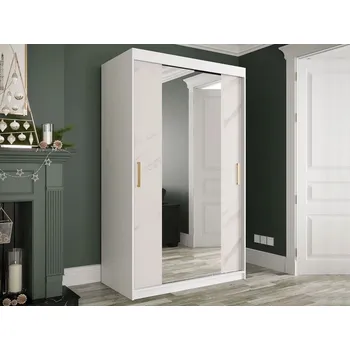 Šatní skříň Úzká šatní skříň 120 cm se zrcadlem CARSON 3 - bílý mramor / bílá / zlatá