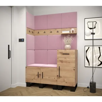 Předsíňová stěna Předsíňová sestava RUMIE 10 - dub artisan, růžové panely