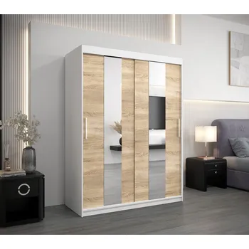 Šatní skříň Šatní skříň se zrcadly MARGARET - šířka 150 cm, bílá / dub sonoma