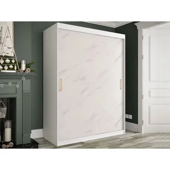 Šatní skříň Moderní šatní skříň 150 cm se šuplíky CARSON 2 - bílý mramor / bílá / zlatá